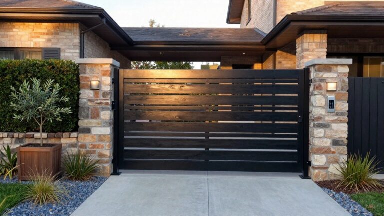17 Smart Driveway Wooden Gate Ideas for Secure and Attractive Access A wooden driveway gate with horizontal slats framed in black, installed between stone pillars at the entrance of a brick house.