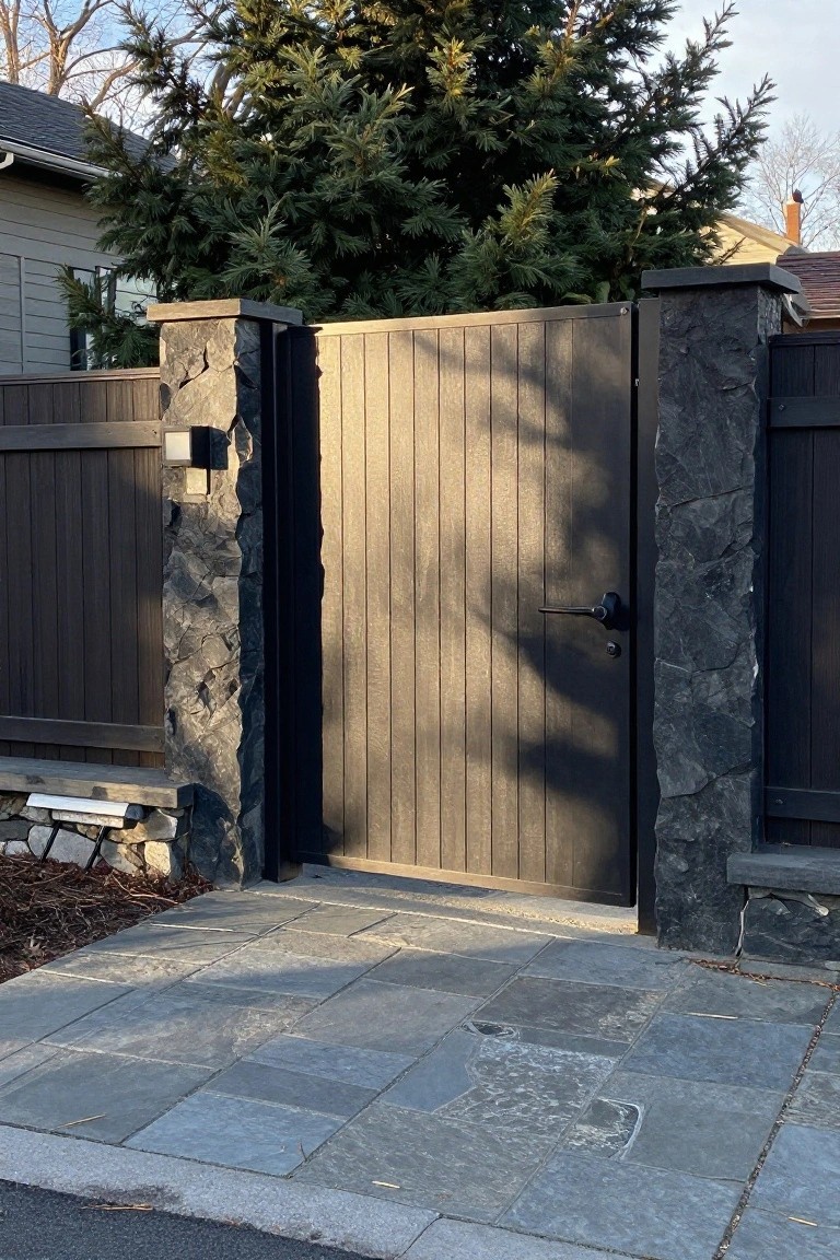 A dark wooden driveway gate installed between two tall stone pillars on a paved entrance.