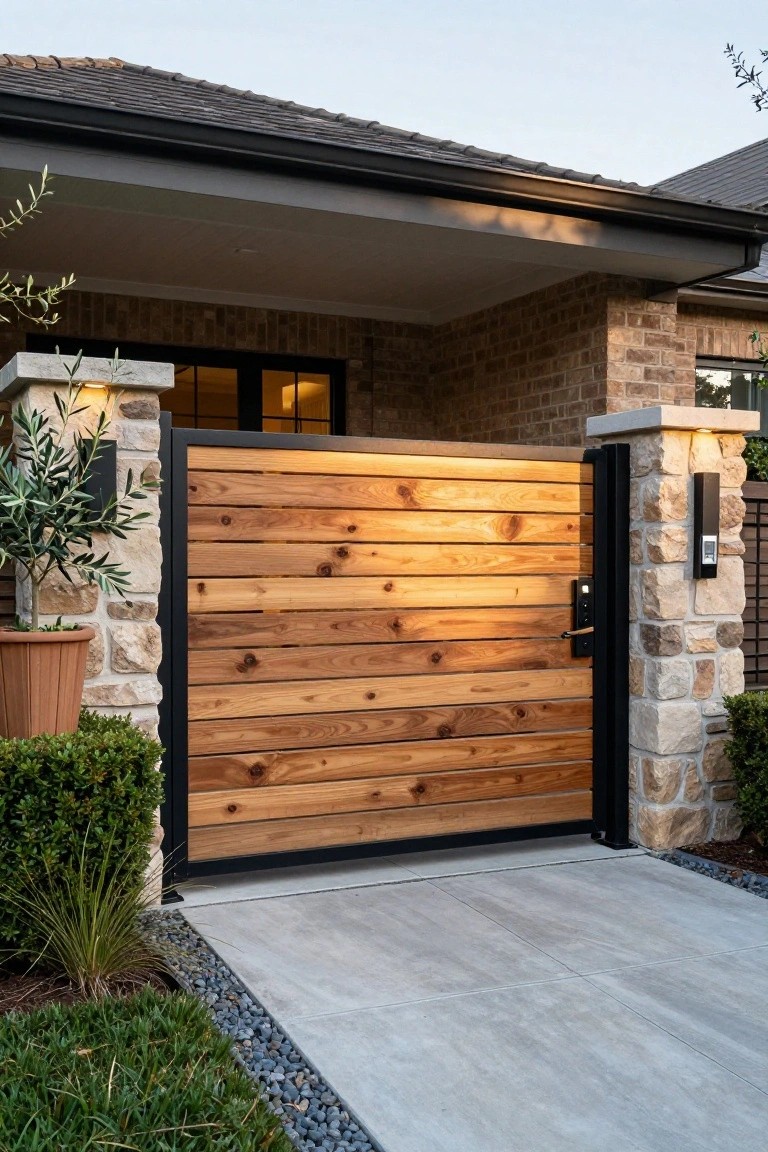A wooden driveway gate with horizontal slats framed in black, installed between stone pillars at the entrance of a brick house.