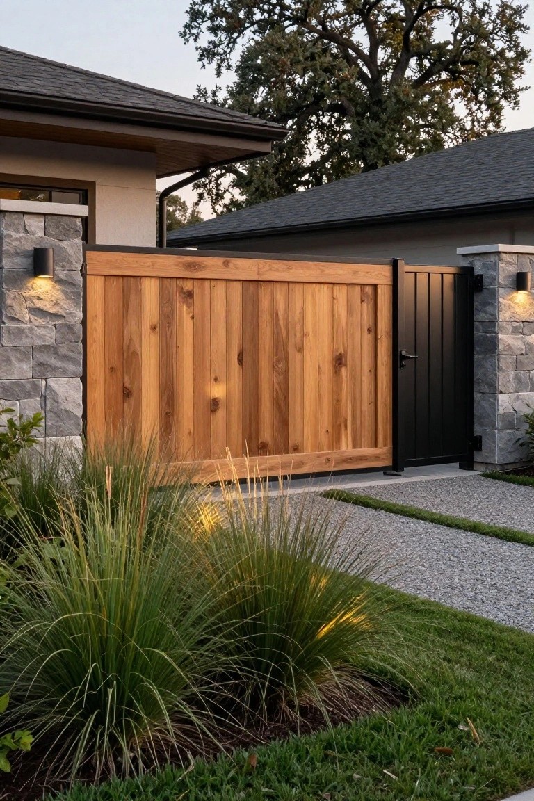 A wooden driveway gate next to a black metal pedestrian gate, set between stone pillars on a modern house with gravel driveway and landscaping in front.