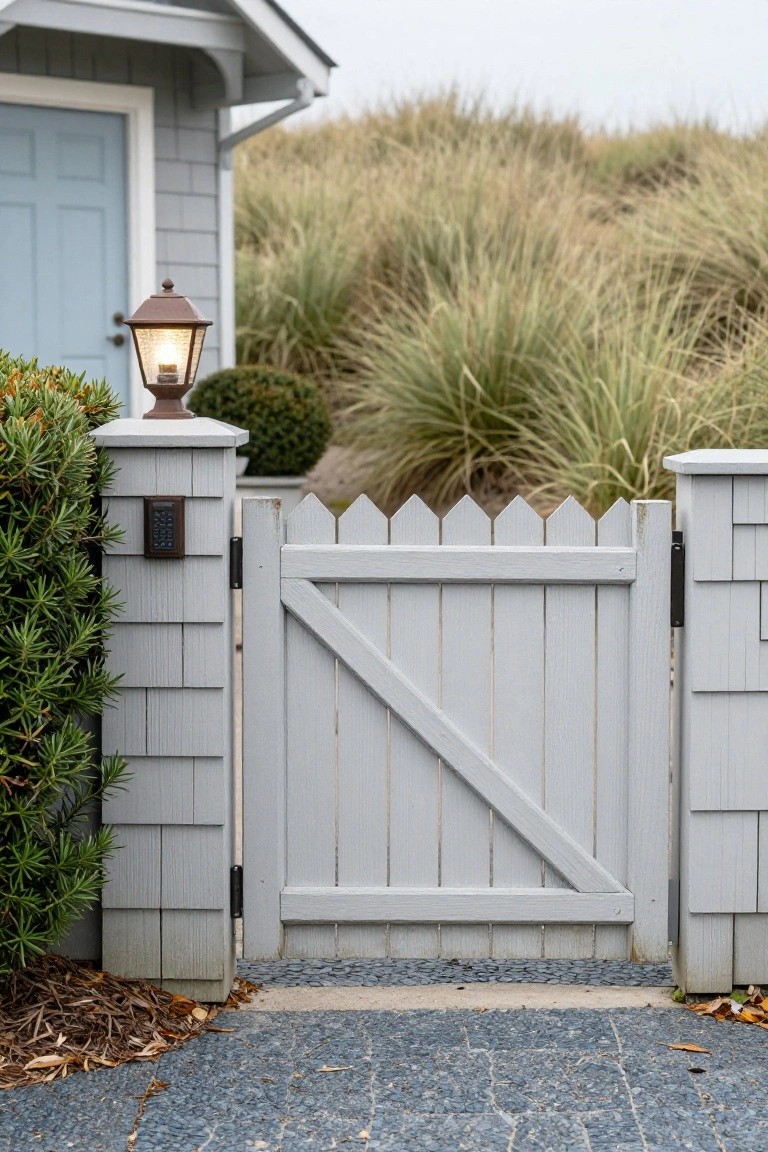 A light gray wooden driveway gate with diagonal brace sits between matching fence posts, with a keypad on one post and a lit lantern above.