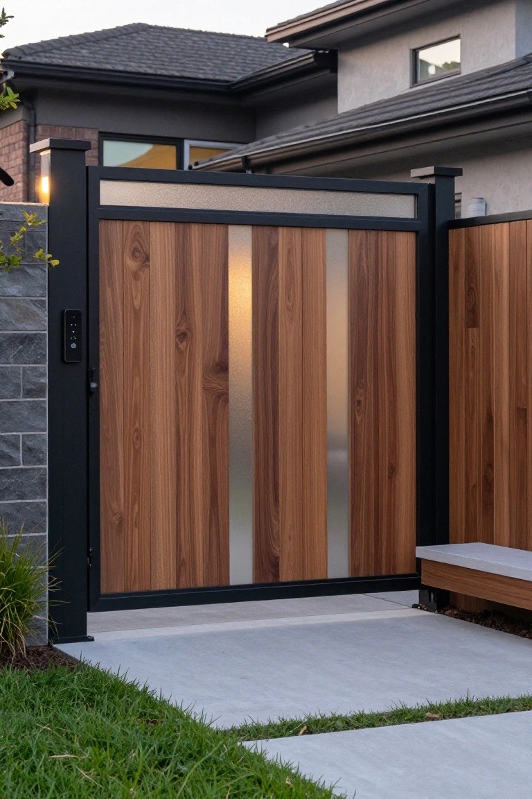 A modern driveway gate featuring vertical wood panels with metal accents inside a black frame, installed at a residential entrance.