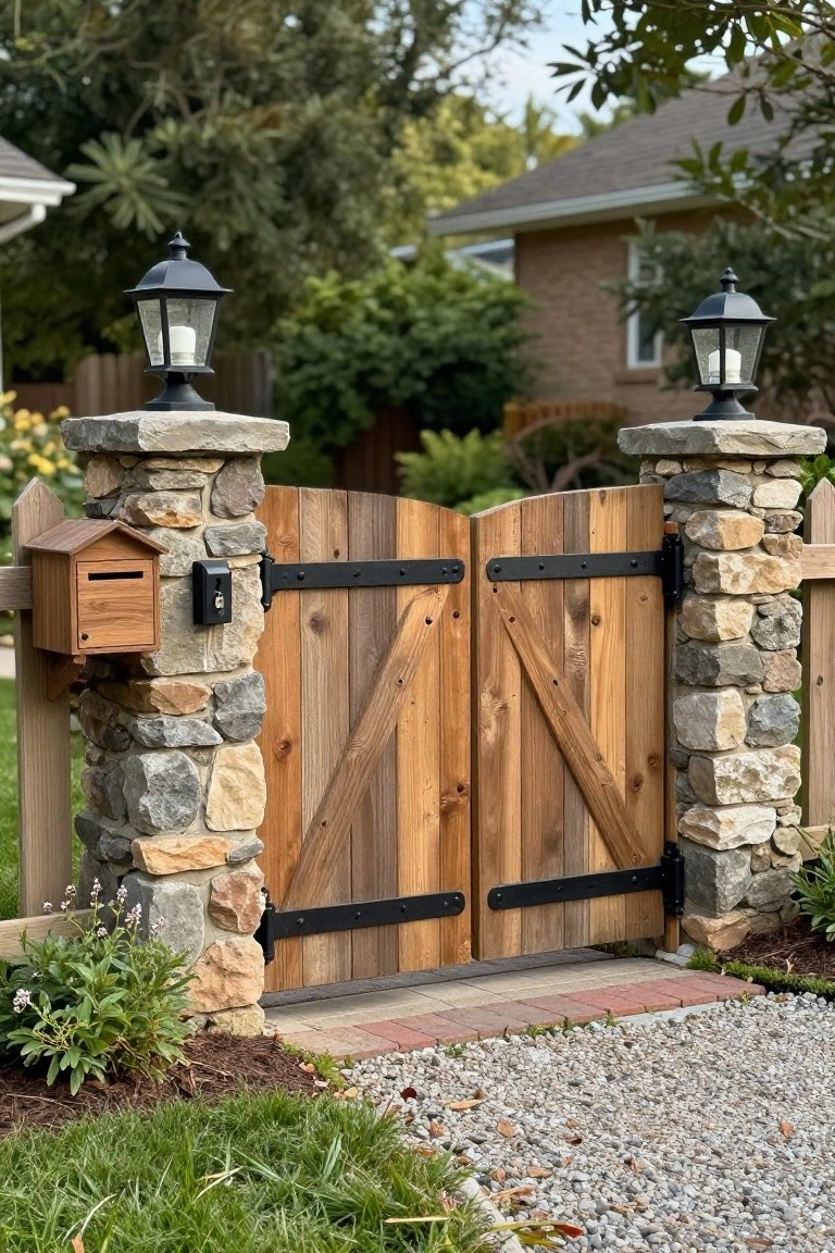 A wooden driveway gate with black metal hardware stands between two stone pillars topped with lanterns, next to a small wooden mailbox.