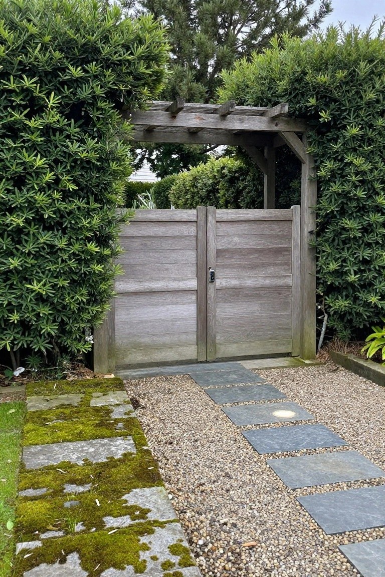 A wooden double gate with horizontal slats is framed by a simple overhead timber structure and flanked by dense green hedges, with a mixed stone and gravel path leading up to it.
