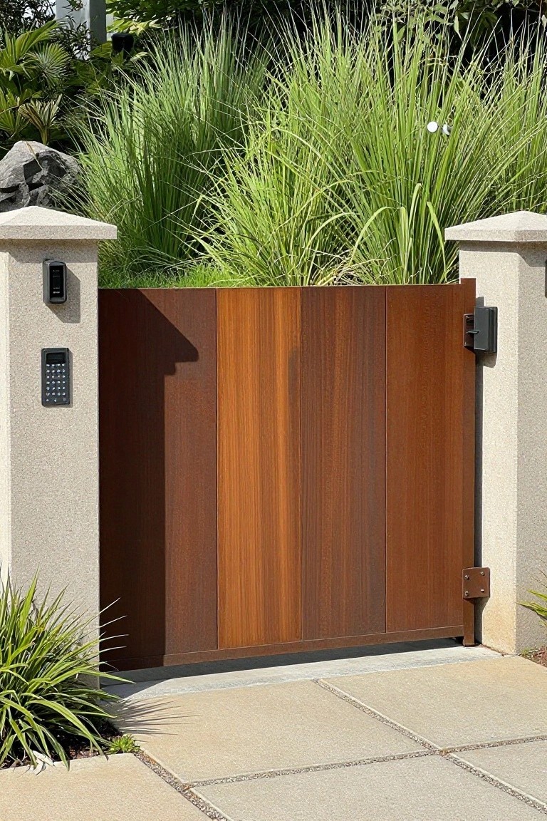 A wooden driveway gate with vertical grain panels set between concrete pillars, with a keypad on the left post.