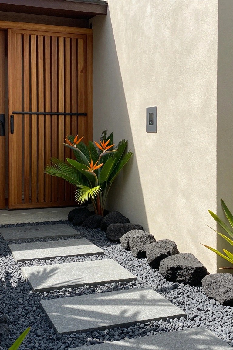 Wooden gate with vertical slats next to a gravel path of gray stepping stones and dark rocks.