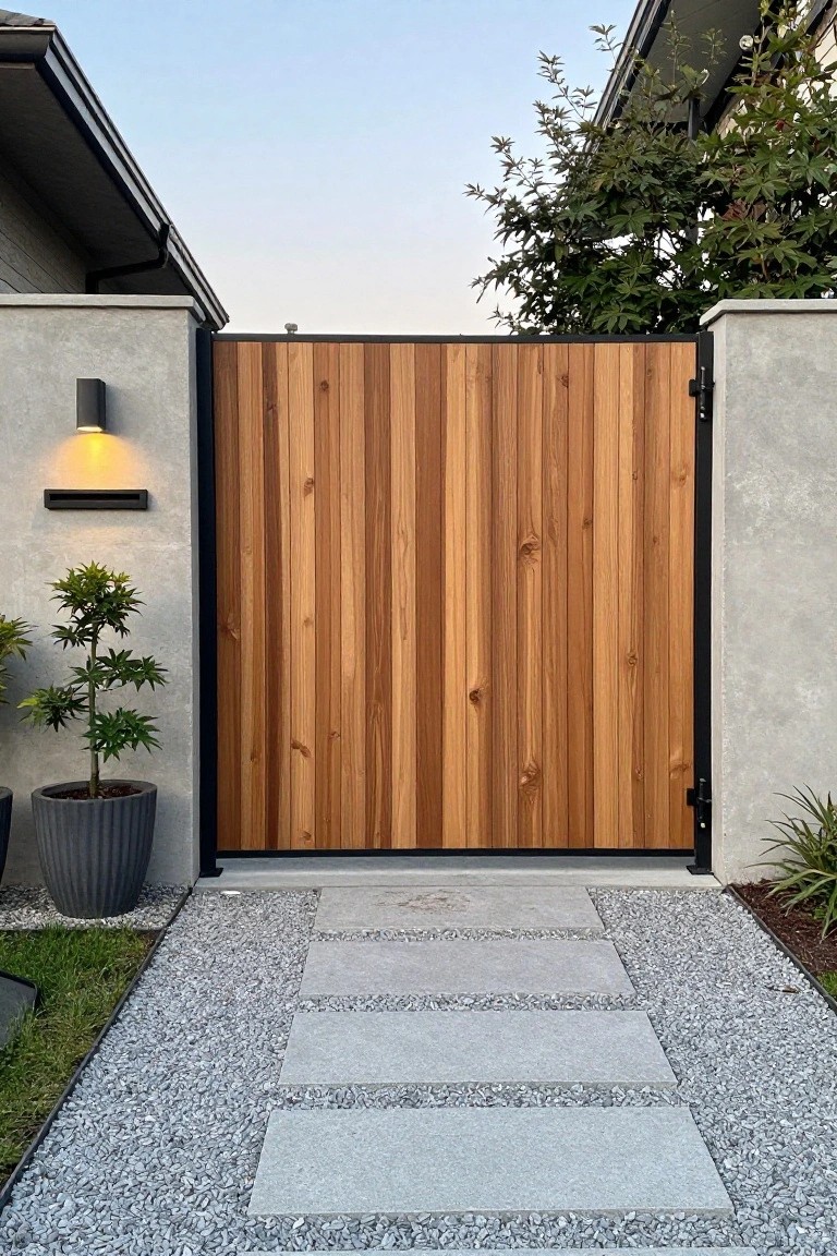 A wooden driveway gate made of vertical slats in a black metal frame, positioned between concrete walls with gray pavers and gravel leading to it.