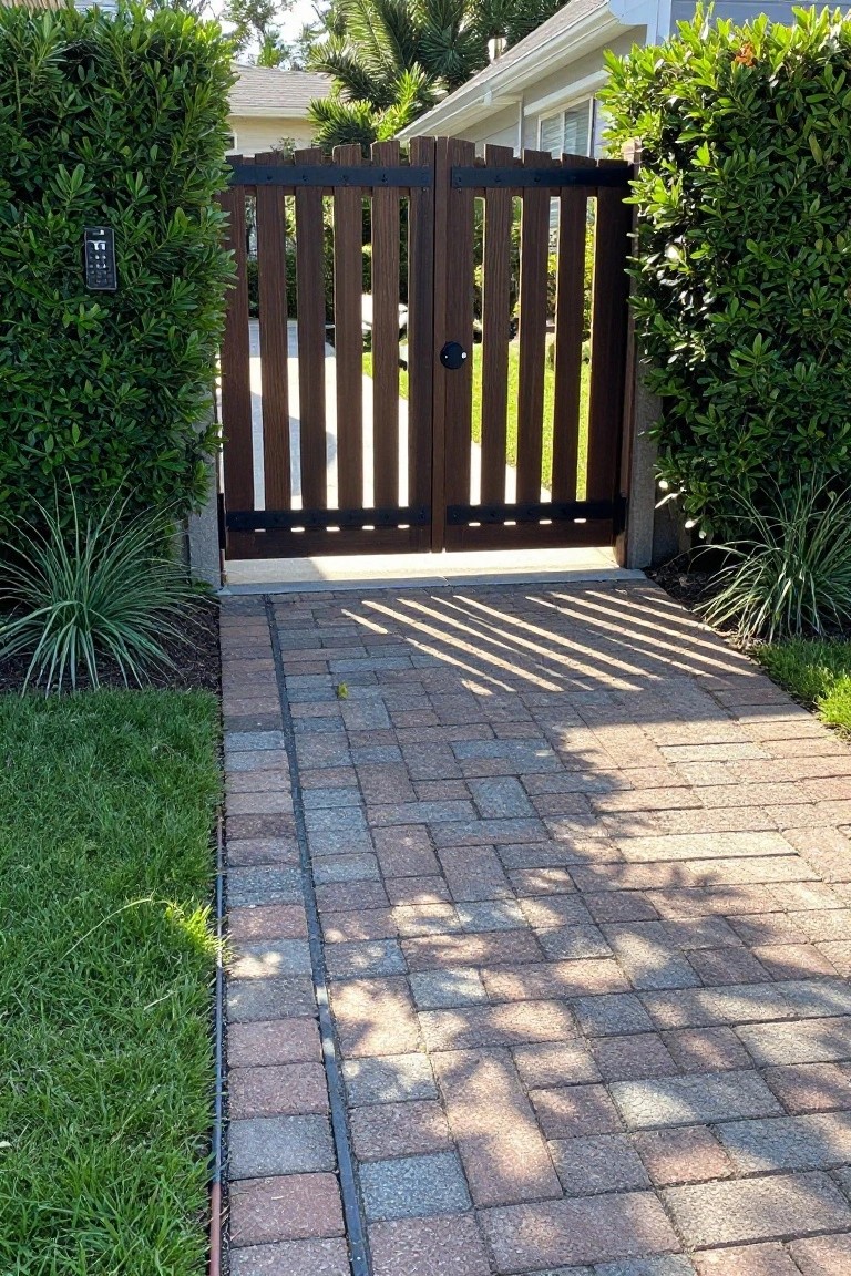 Brown wooden gate with vertical slats at end of brick pathway between green hedges.