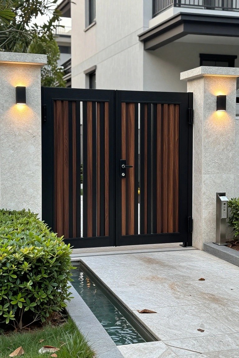 A black metal driveway gate with vertical wooden slats stands open between two stone pillars with wall lights, next to a paved driveway and green bushes.