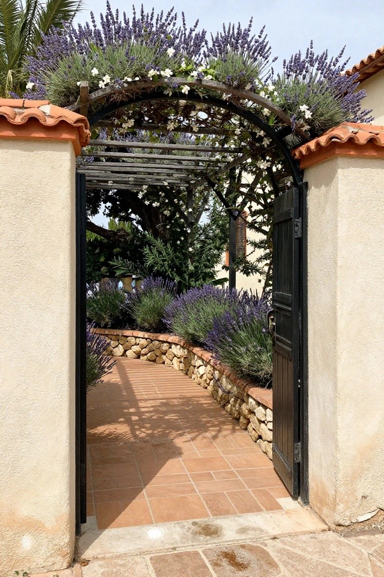 A dark wooden gate stands open beneath a black metal arched trellis covered in lavender and white flowers, with a terracotta path leading through stone walls.