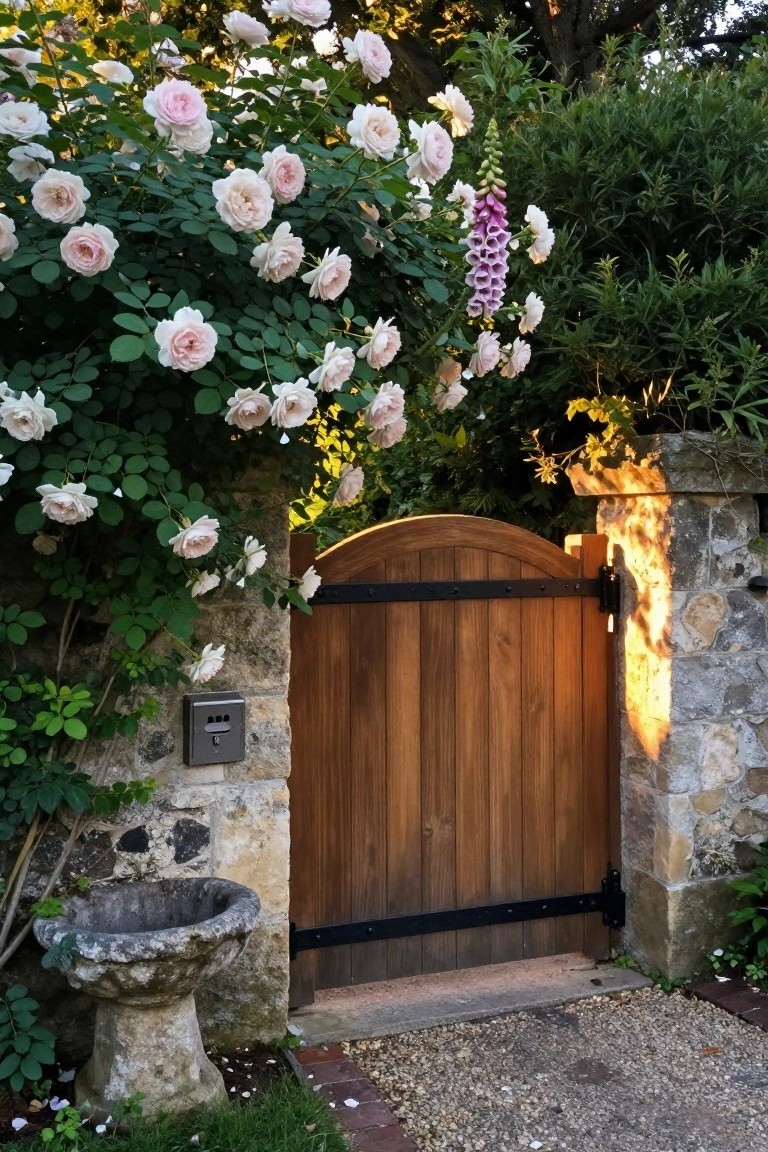 A wooden driveway gate with black metal hardware set into a stone wall, topped by pink climbing roses and a stone birdbath in the foreground.