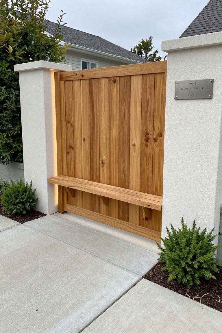 A wooden driveway gate with a built-in bench set between two white stucco pillars.
