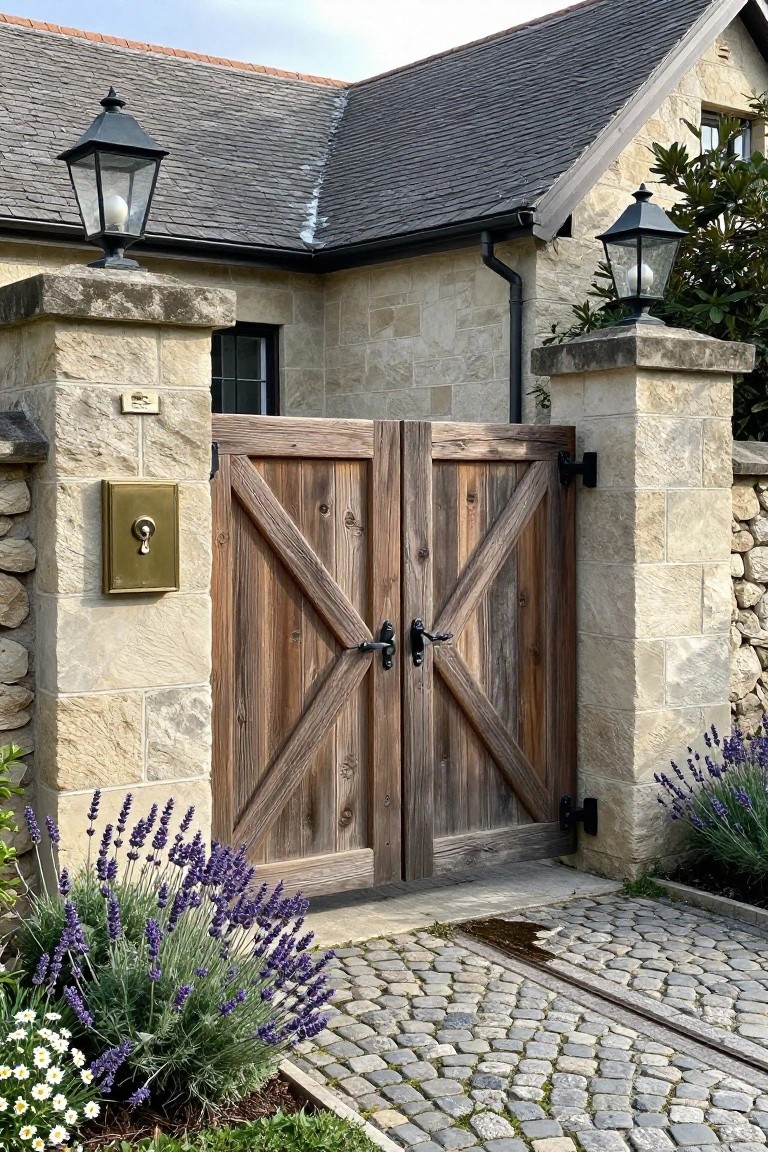 A pair of wooden double gates with X bracing set between stone pillars at a house entrance, flanked by black lanterns and lavender plants.