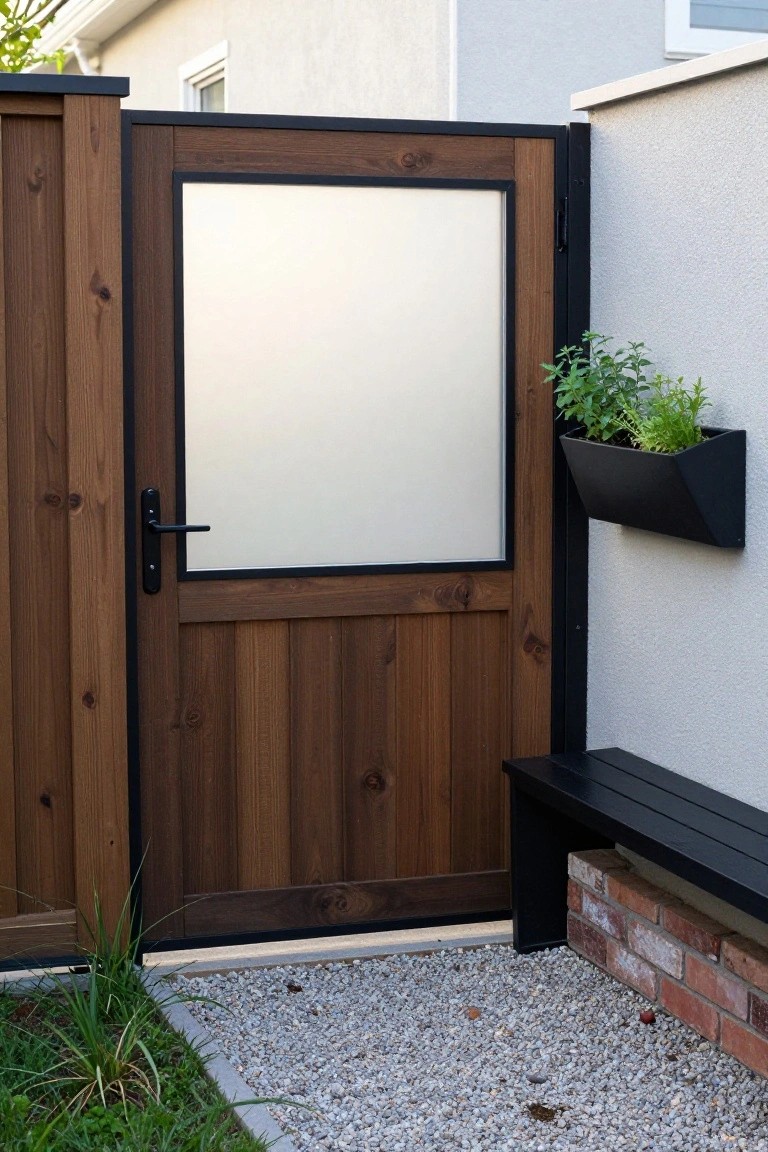 A wooden gate featuring a large frosted glass panel in a black frame, with a black bench and wall-mounted planter visible to the right.