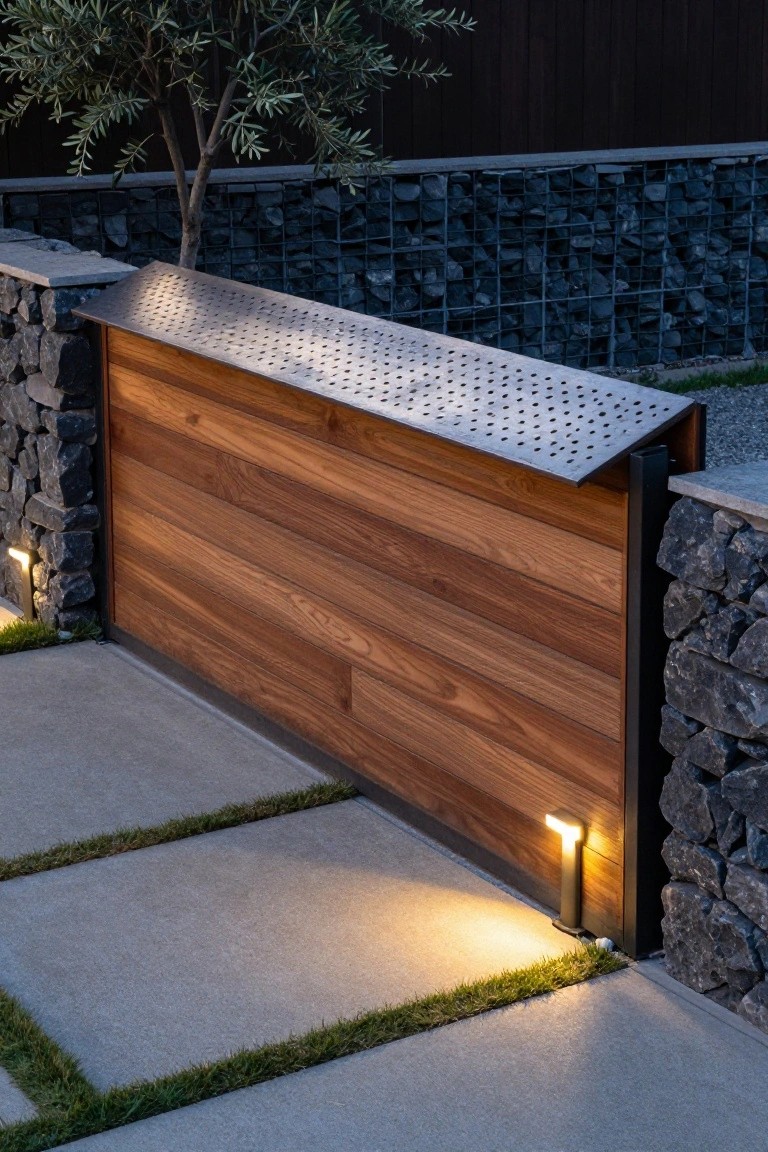 Modern wooden fence with perforated metal top, lit by ground lights beside stone walls