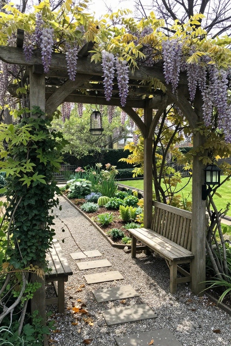 A wooden arbor covered in purple wisteria stands over a gravel garden path lined with stepping stones and wooden benches.