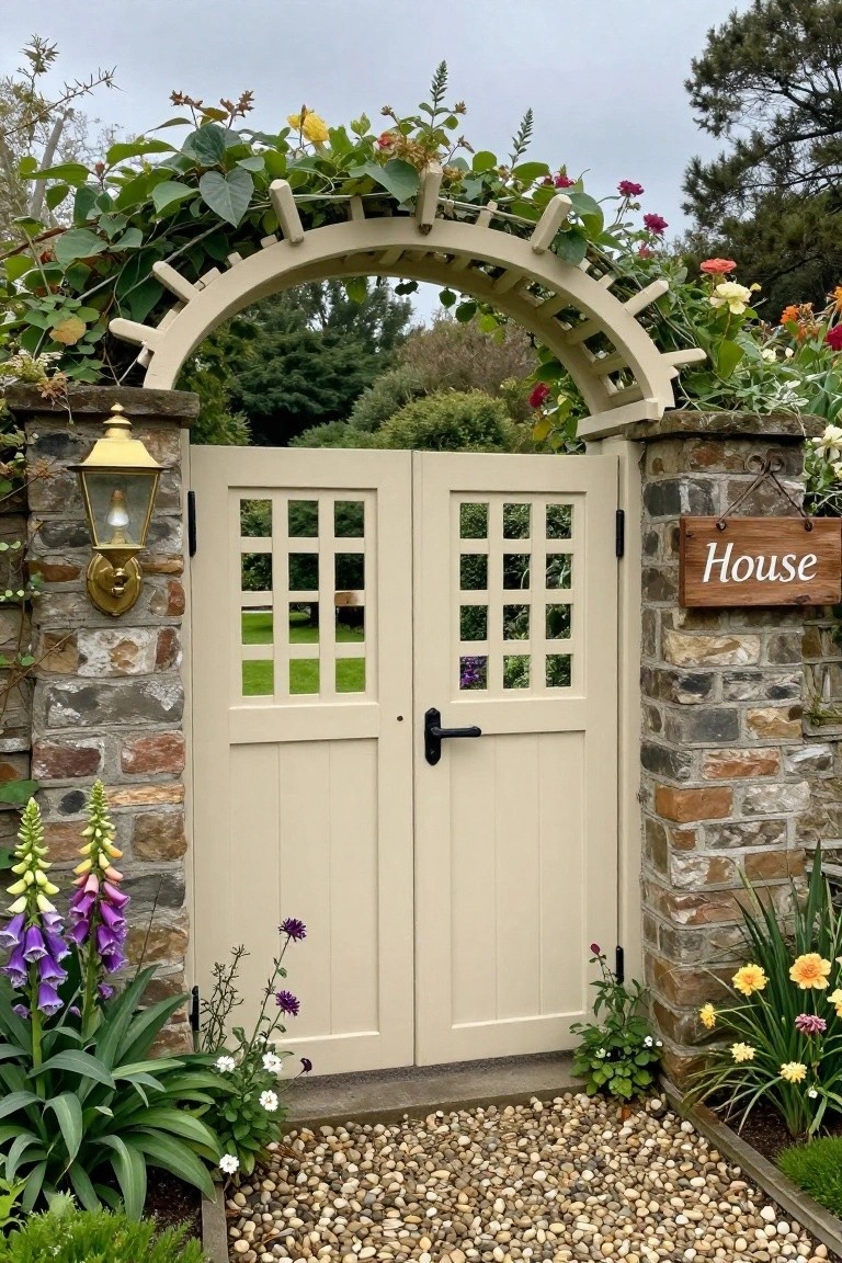 A double wooden gate painted off-white with an arched trellis above it covered in green vines and flowers, set between stone pillars with a lantern on the left and a hanging wooden sign on the right.