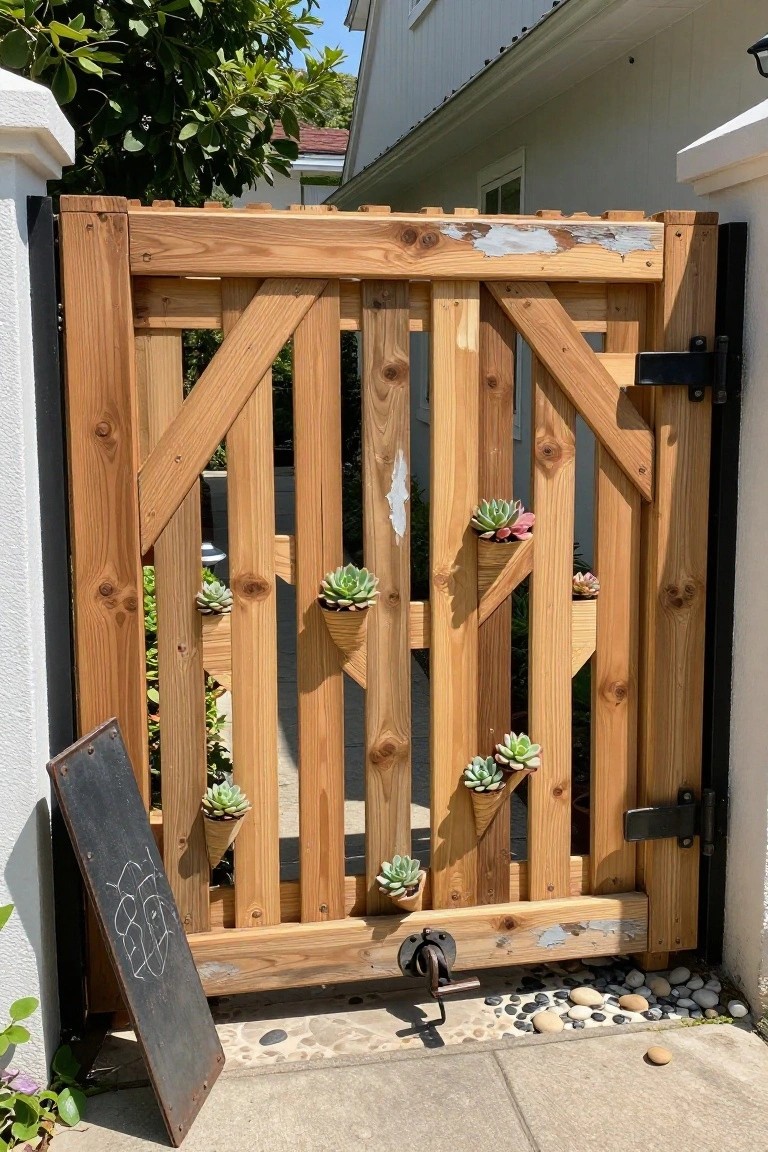 Wooden gate with succulents in attached pots and leaning chalkboard