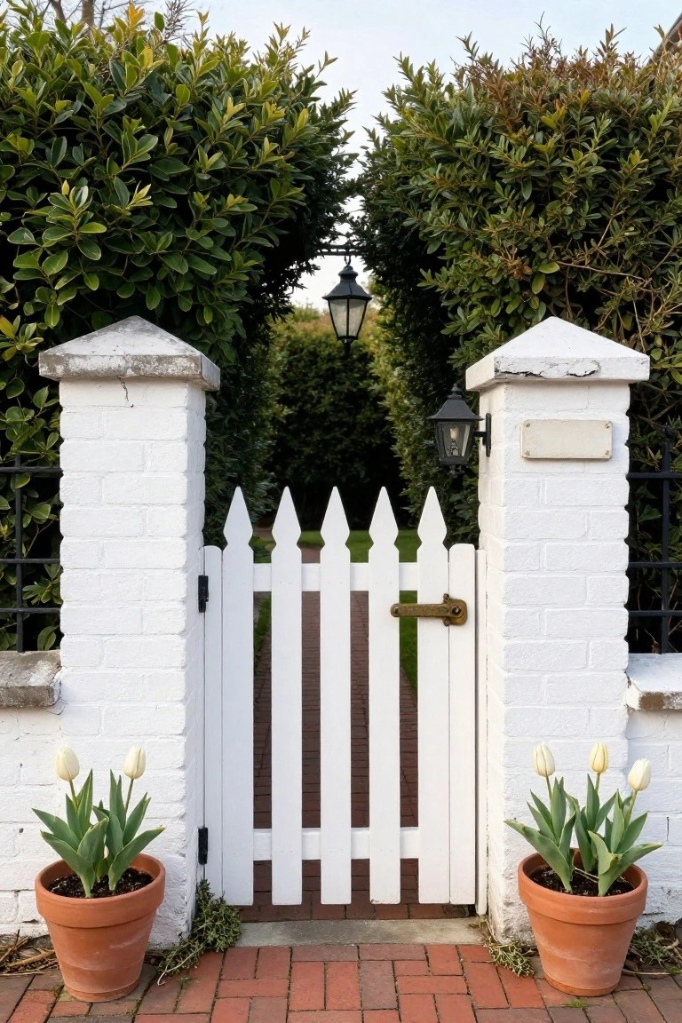 White picket gate between brick pillars with potted tulips on brick path