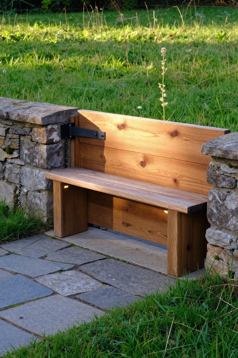 A wooden bench with horizontal planks and a backrest is built between two stone walls on a stone-paved area beside grass.