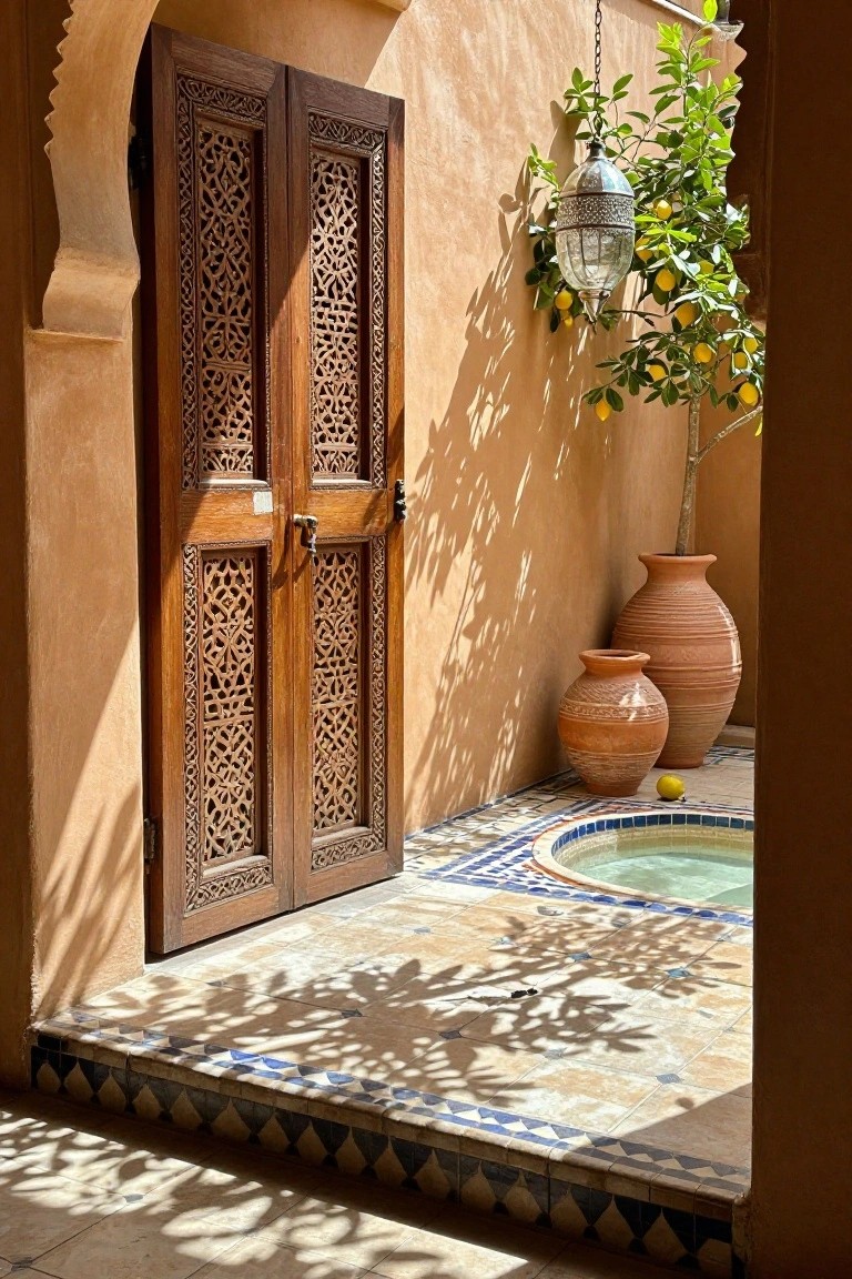 Ornately carved wooden double doors stand open in a sunlit courtyard with terracotta pots, a small tiled fountain, and a lemon tree.