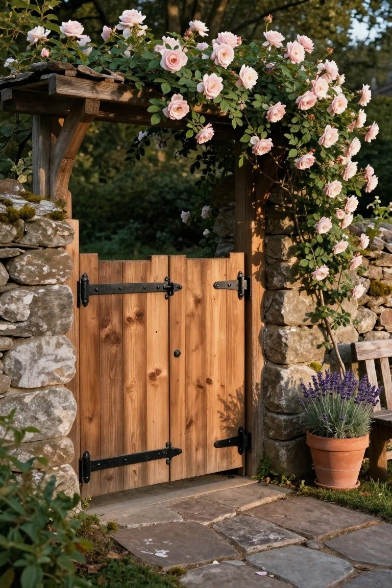 A wooden double gate in a stone wall with pink climbing roses arching over the top and a stone pathway leading through.
