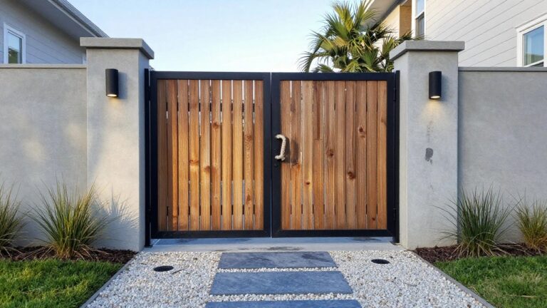 Modern wooden gate with horizontal slats between concrete pillars on stone path