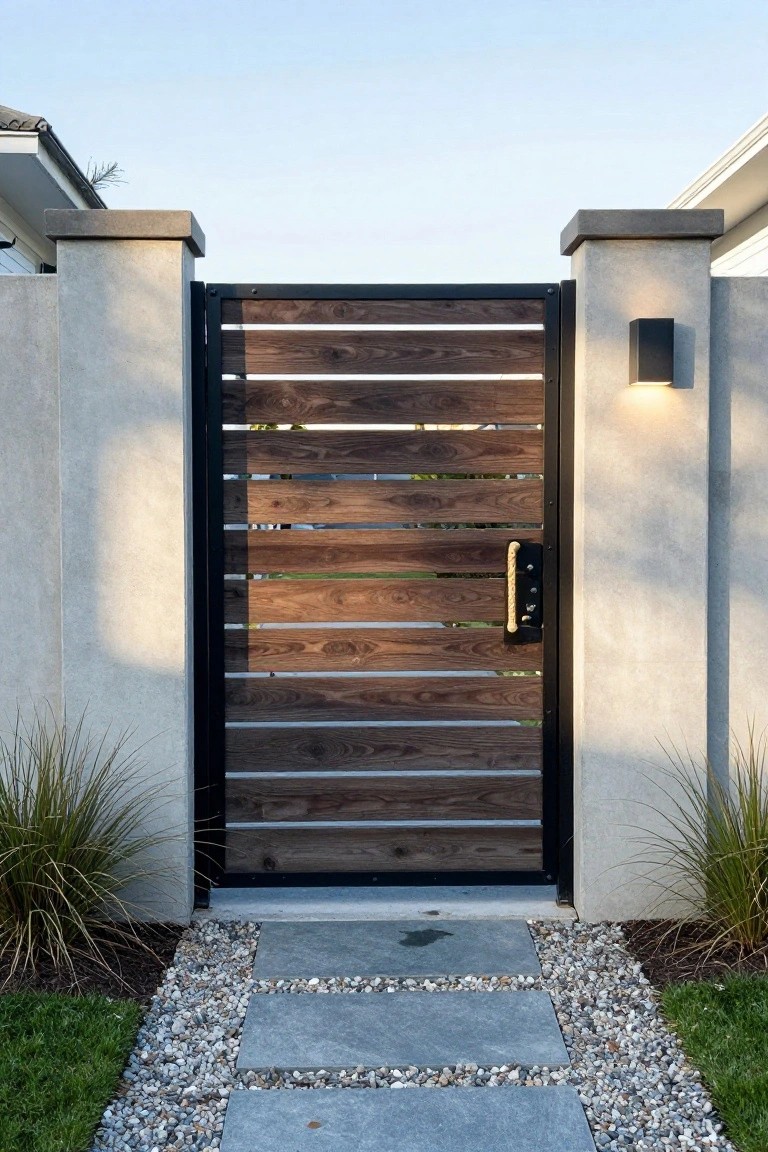 Modern wooden gate with horizontal slats between concrete pillars on stone path
