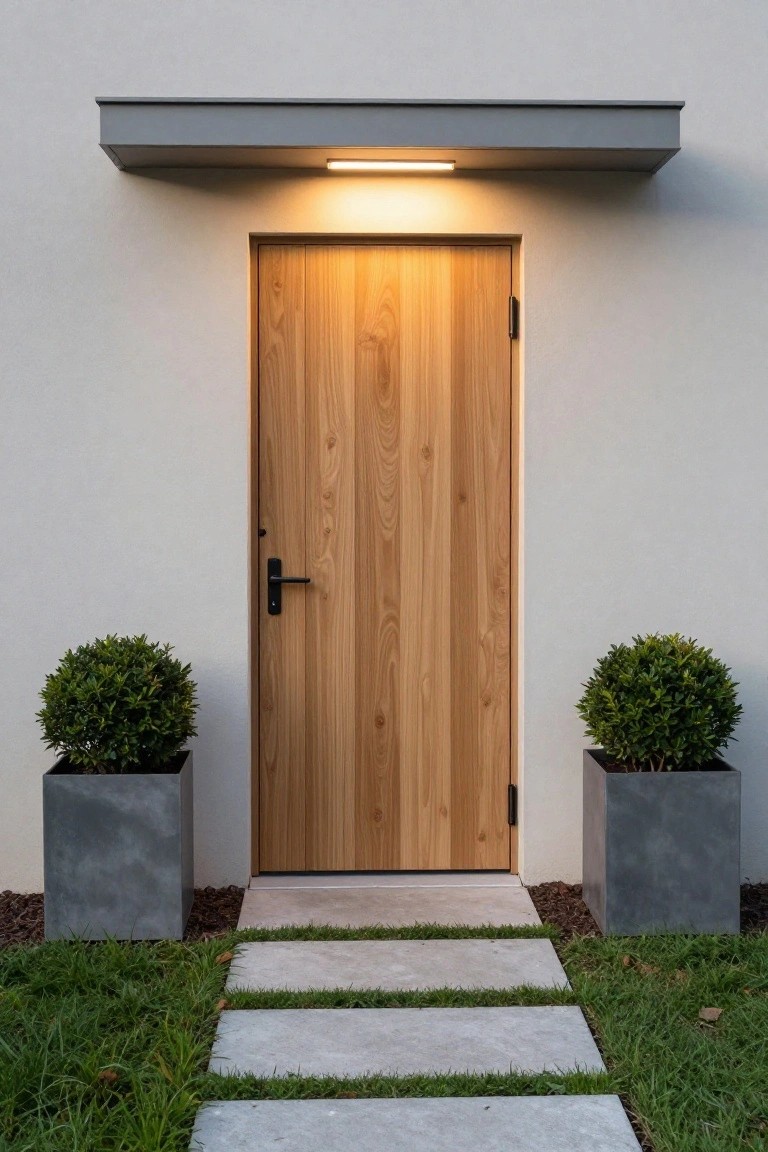 A light wood front door with black handle is centered under a gray overhang with two matching concrete planters holding round shrubs on either side and a stone path leading to the door.
