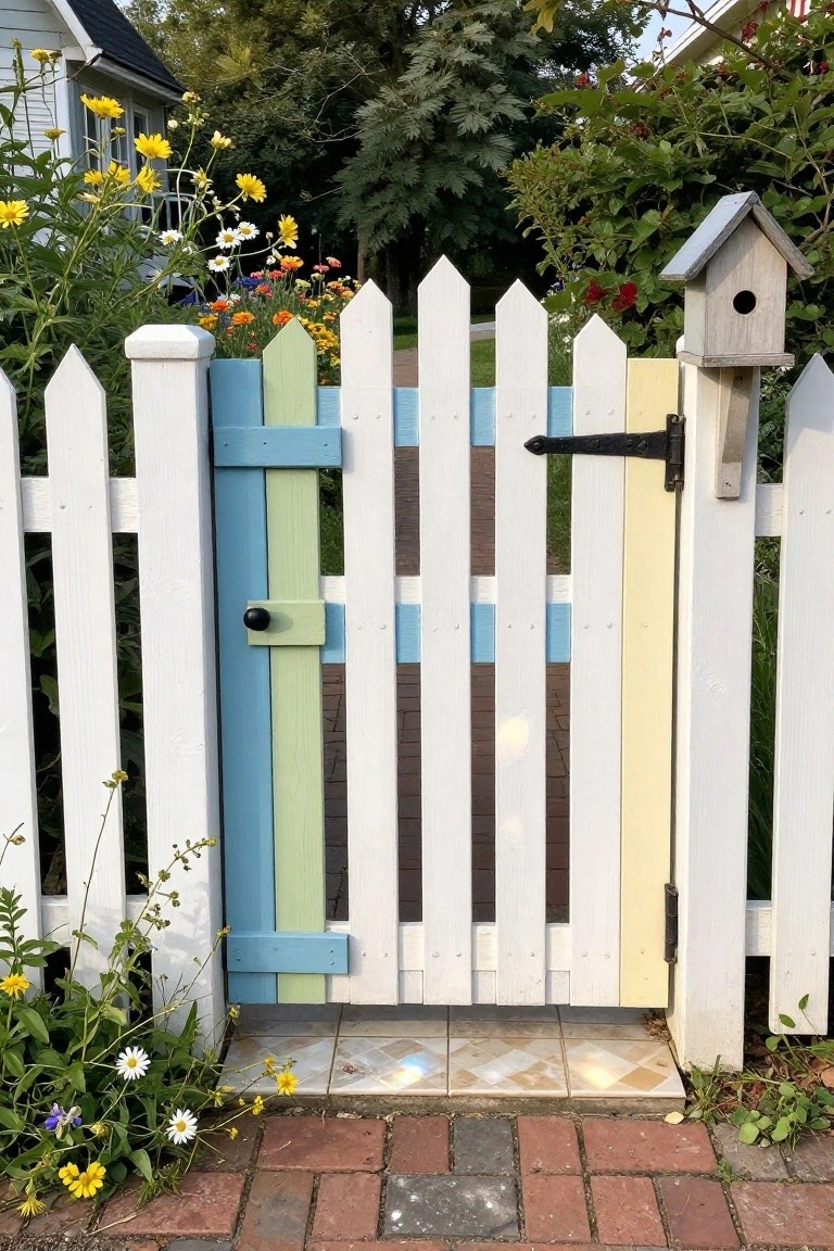Colorful pastel picket gate with birdhouse in flower-filled garden.