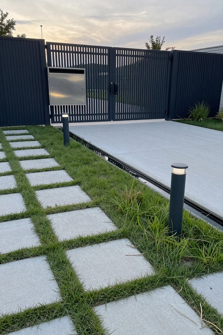 A dark modern fence and gate beside a concrete driveway, with square gray pavers set in grass forming a path and two black bollard lights along the edge.