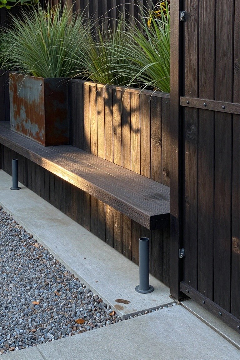 A long wooden bench with metal supports runs along a dark wood fence beside a gate, with metal planters holding tall grasses on a gravel and concrete surface.