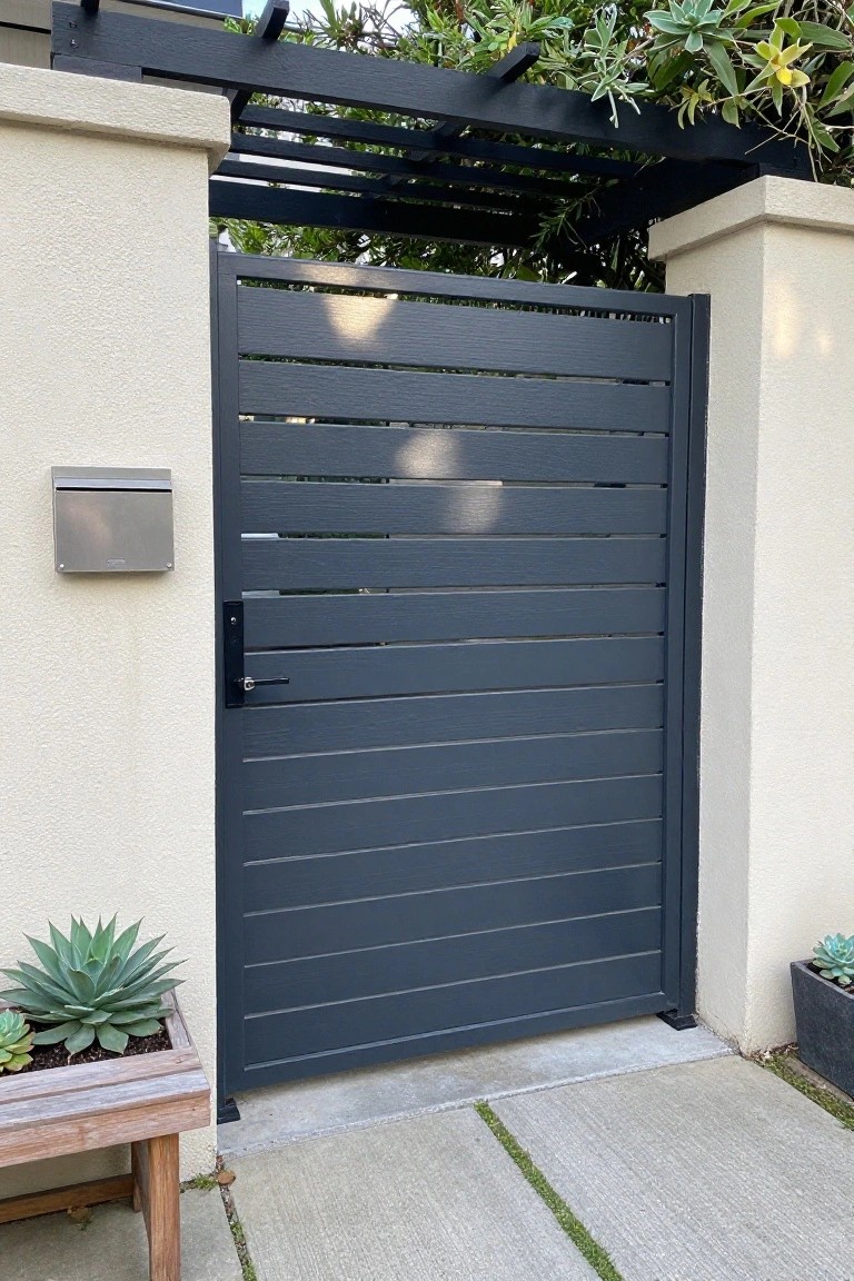 A dark gray horizontal slat gate set between two light stucco walls, with a mailbox on the left wall and potted succulents at the base.