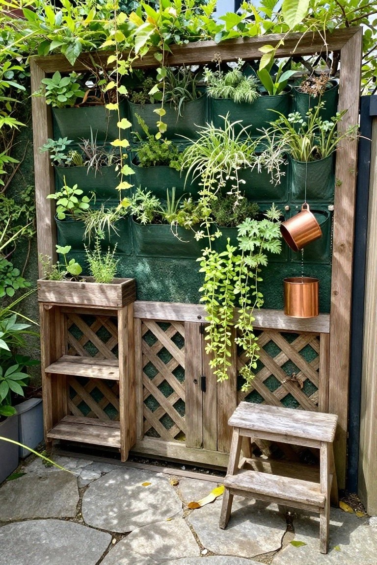 Wooden fence section with rows of green vertical fabric planters holding various plants, a small lattice door, side shelves, hanging copper pots, and a wooden step stool on stone paving.