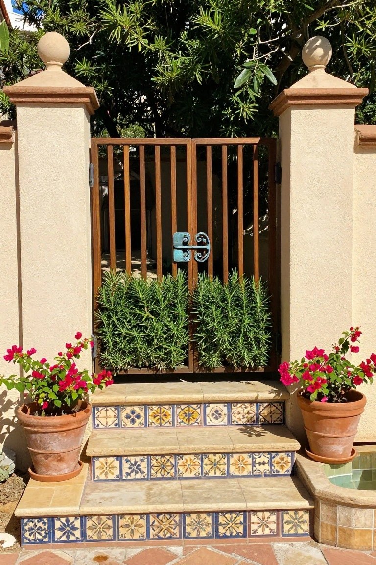 Wooden gate with blue latch between pillars above tiled steps with red flower pots