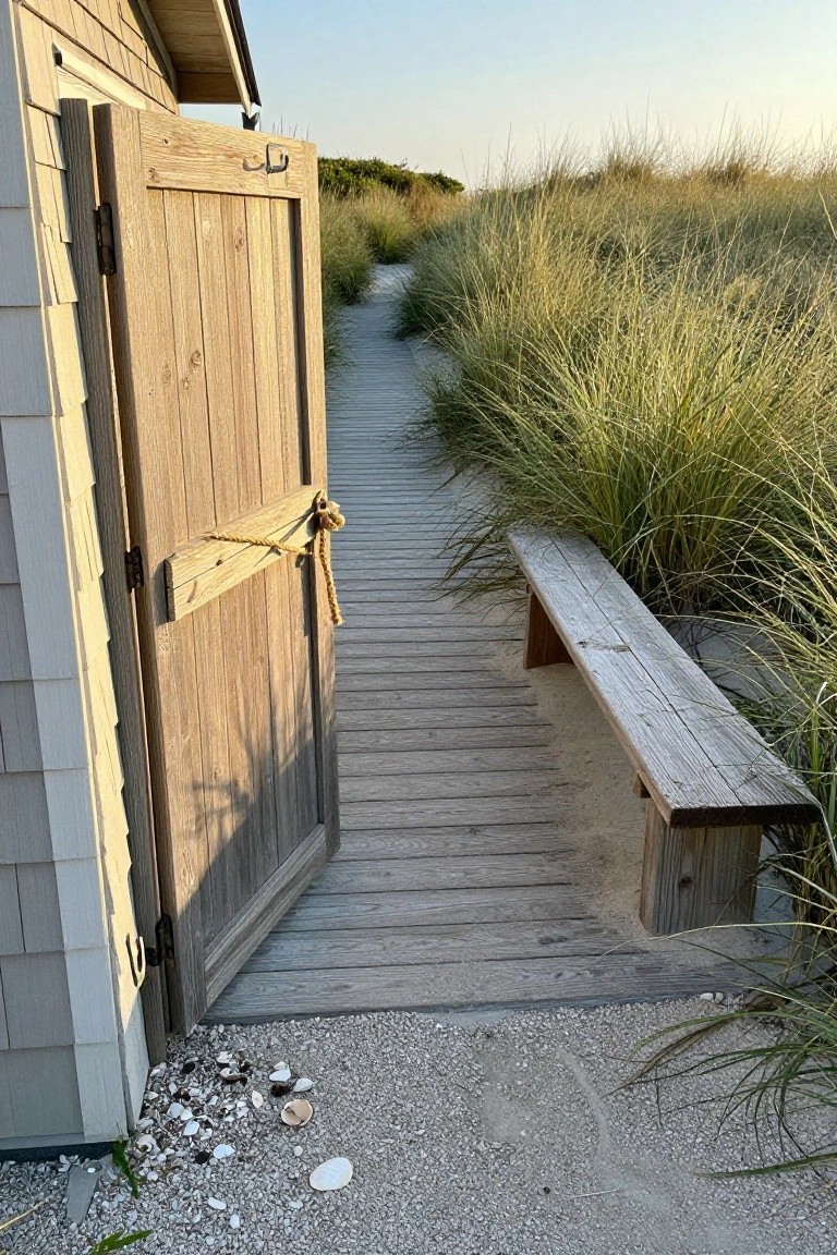 Wooden gate with vertical planks and rope latch opening to a boardwalk path lined with tall grass.
