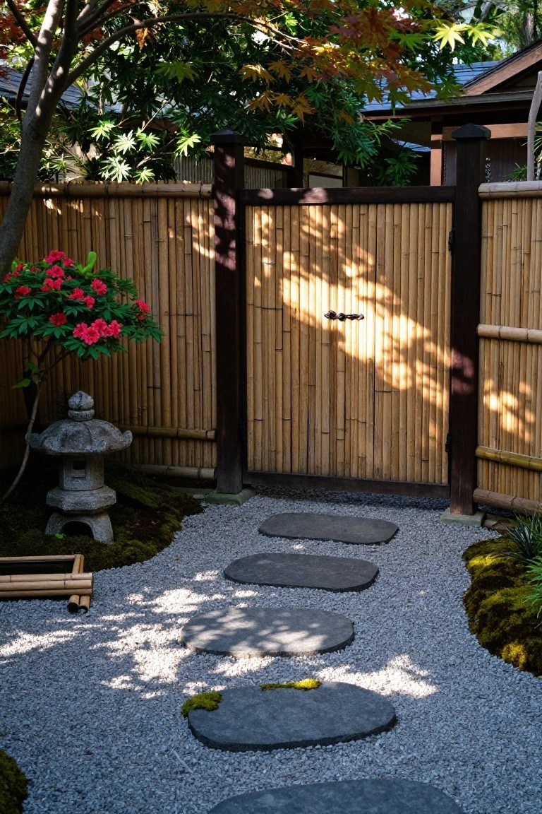 A wooden gate set in a bamboo fence with a gravel path and irregular stepping stones leading to it, next to a stone lantern and red flowering shrub.