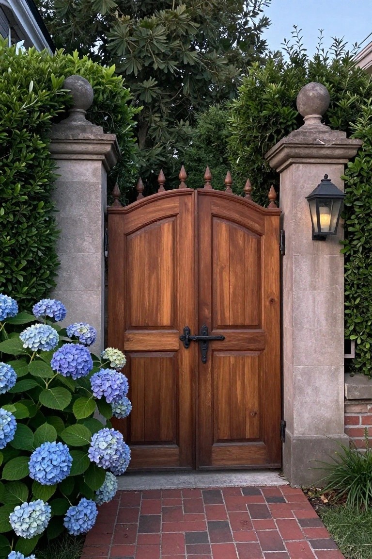 A wooden double gate with an arched top is set between two stone pillars topped with spheres, with blue hydrangeas on either side and a brick path leading to it.