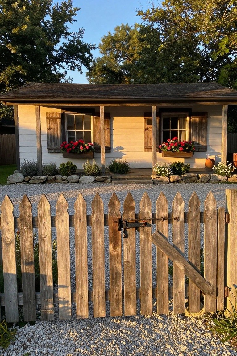 A wooden picket fence with a gate in front of a light-colored house that has flower boxes under the windows.