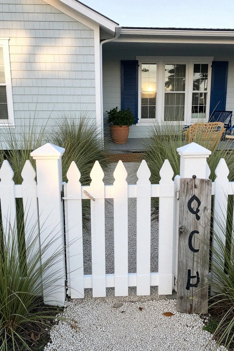 A white wooden picket fence with a gate stands in front of a light gray house with blue shutters and a gravel path.