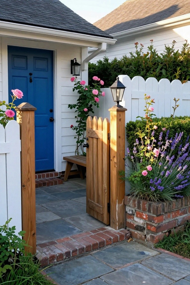 Open wooden gate to blue door, white house with pink roses and flowers.