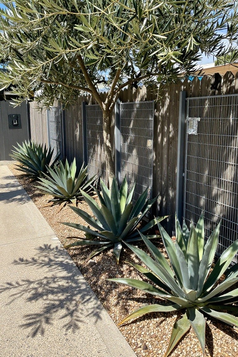A wooden picket fence runs beside a gravel bed planted with large agave plants along a concrete sidewalk, with a tree growing behind the fence.