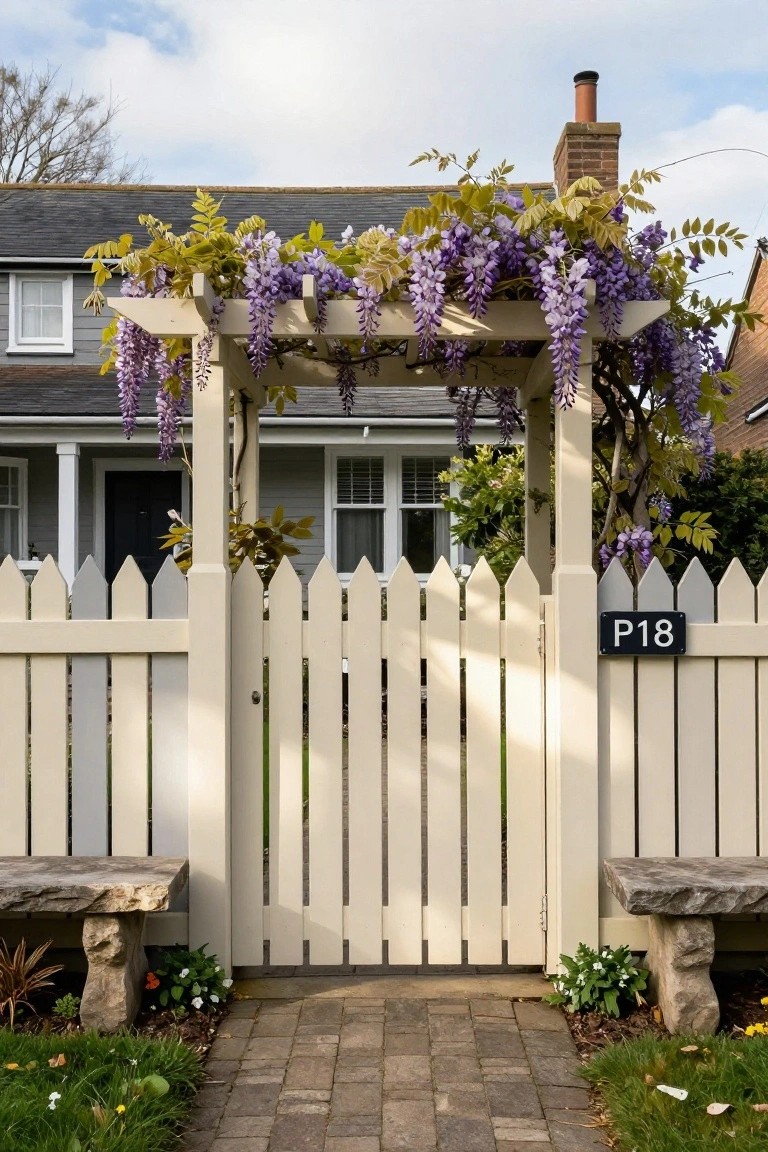 A white wooden picket fence with a central gate topped by an arbor covered in purple wisteria, flanked by stone benches and a brick path.