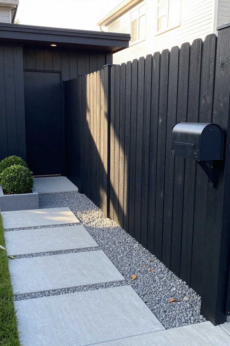 A black wooden picket fence borders a concrete paver walkway with gravel on one side next to a dark house exterior.