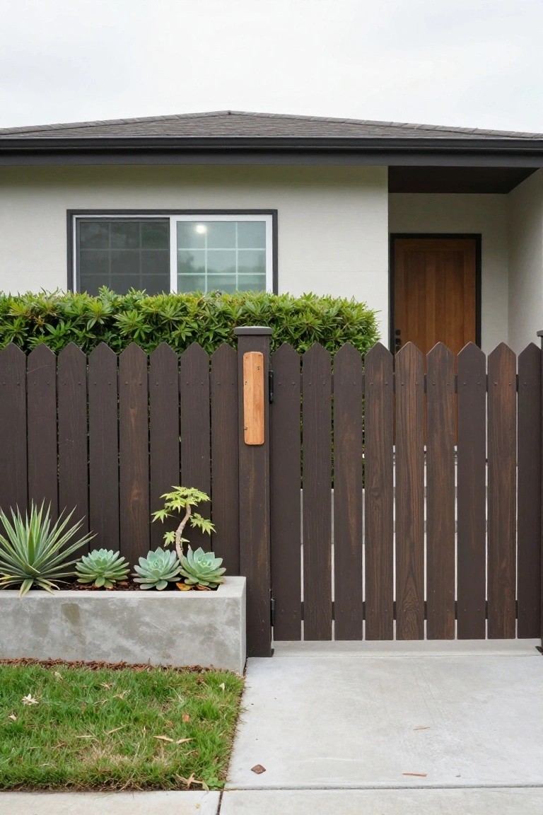 A dark brown wood picket fence with a gate runs along the front of a light-colored house, with a concrete planter holding succulents and a small tree beside a grassy lawn and concrete walkway.