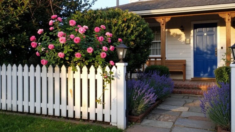 Open wooden gate to blue door, white house with pink roses and flowers.