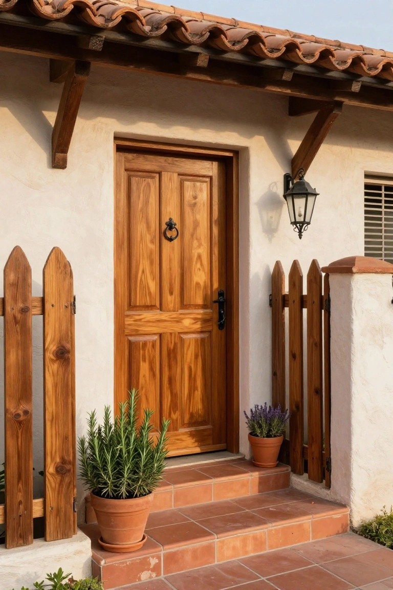 Wooden door on stucco house with terracotta steps, potted plants, and picket fence