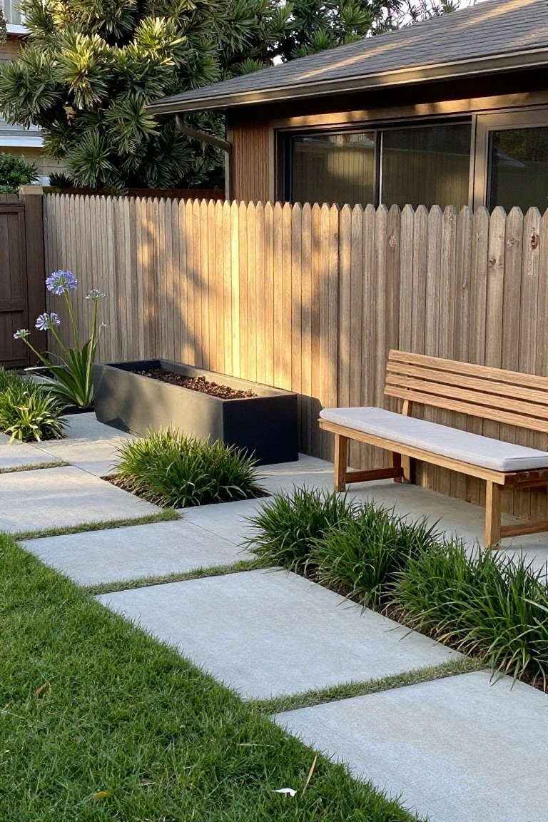 A wooden picket fence borders a yard with a concrete paver path, grass strips, low green plants, a wooden bench, and a long rectangular planter.