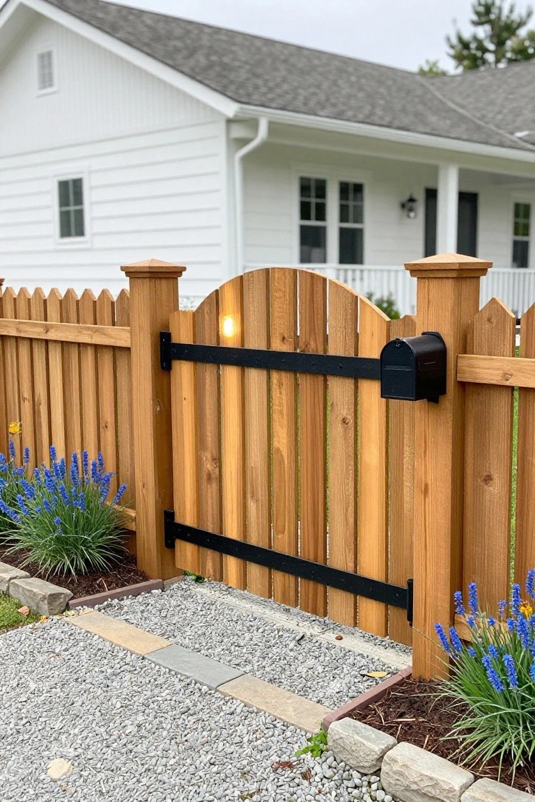 A wooden picket fence with an arched gate, black metal hardware, and a gravel path bordered by blue flowers in front of a white house.