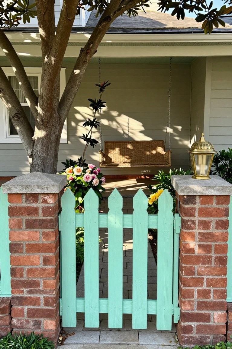 A mint green wooden picket fence with brick pillars frames a front porch that has a hanging swing and flower beds.